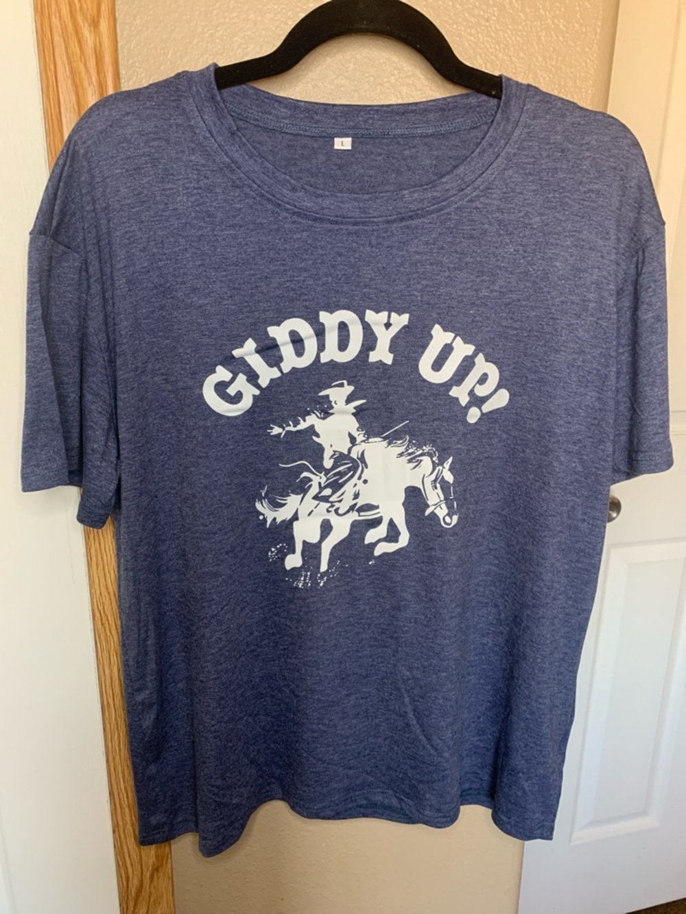 WESTERN Heathered Blue Crewneck Graphic Print GIDDY UP Tee Shirt - Picture 3 of 5